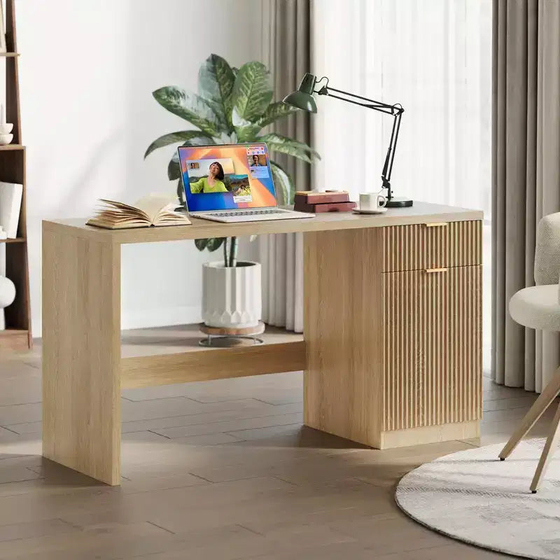 Scrivania direzionale da 150 cm con contenitore, moderna scrivania per ufficio domestico con cassetti e armadietti, scrivanie per computer in legno scanalato, postazione di lavoro, tavolo da conferenza, per scrittura