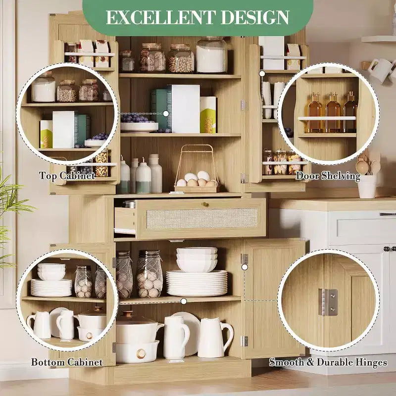 Dispensa da cucina alta 70 pollici, armadio contenitore indipendente con ante in rattan