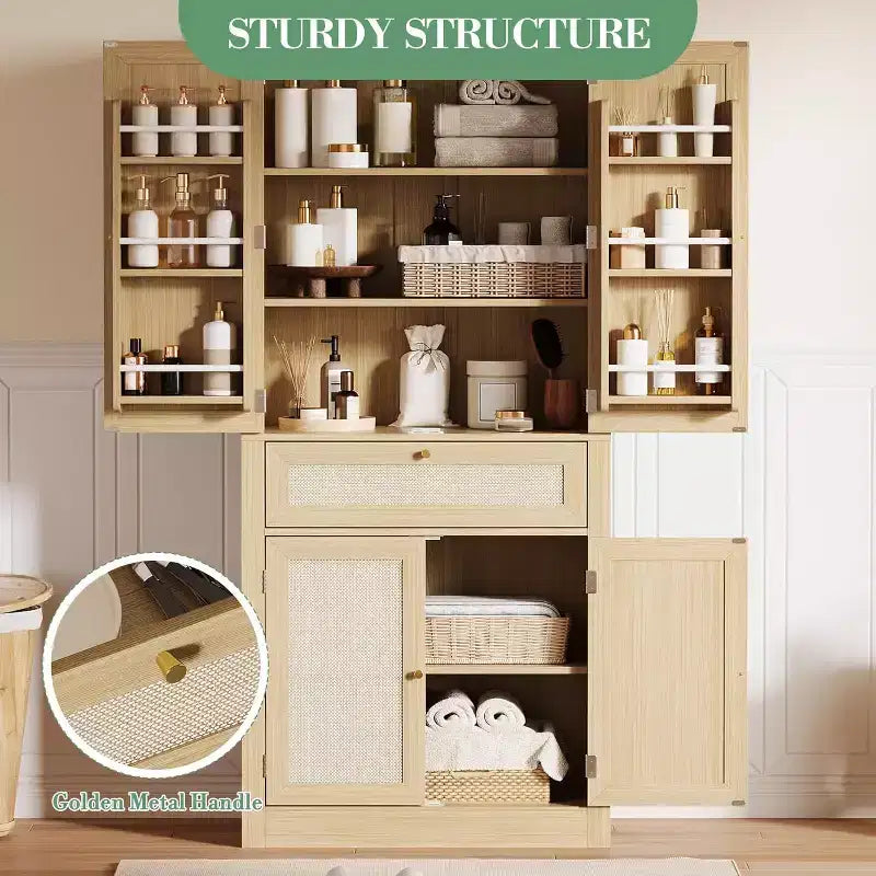 Dispensa da cucina alta 70 pollici, armadio contenitore indipendente con ante in rattan