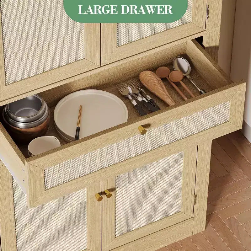 Dispensa da cucina alta 70 pollici, armadio contenitore indipendente con ante in rattan