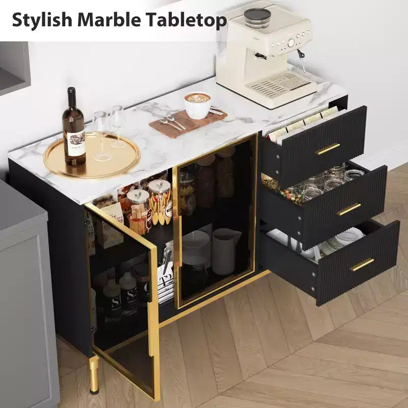 GustoWave Credenza da Cucina Scanalata da 117,8 cm con 2 Ante in Vetro, 3 Cassetti e Ripiani, Piano in Finto Marmo, Tavolo Buffet, Nero
