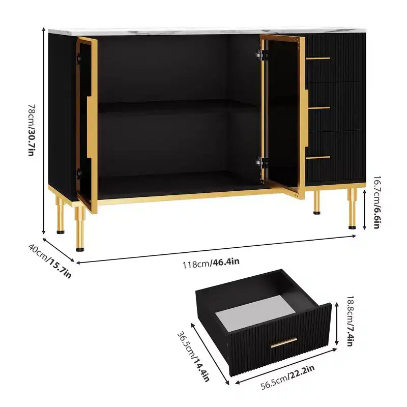 GustoWave Credenza da Cucina Scanalata da 117,8 cm con 2 Ante in Vetro, 3 Cassetti e Ripiani, Piano in Finto Marmo, Tavolo Buffet, Nero
