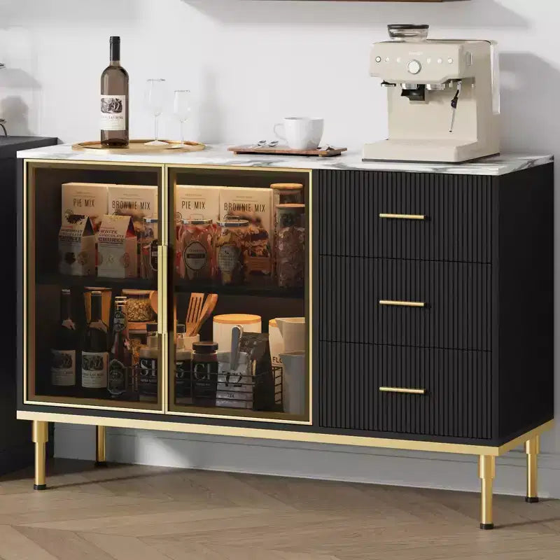GustoWave Credenza da Cucina Scanalata da 117,8 cm con 2 Ante in Vetro, 3 Cassetti e Ripiani, Piano in Finto Marmo, Tavolo Buffet, Nero