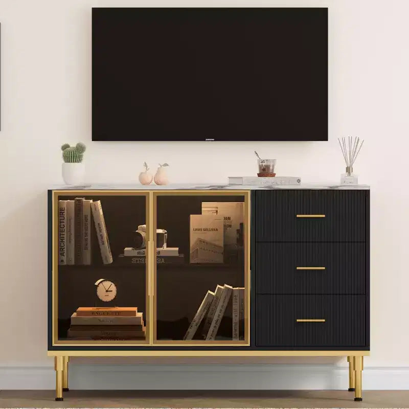 GustoWave Credenza da Cucina Scanalata da 117,8 cm con 2 Ante in Vetro, 3 Cassetti e Ripiani, Piano in Finto Marmo, Tavolo Buffet, Nero