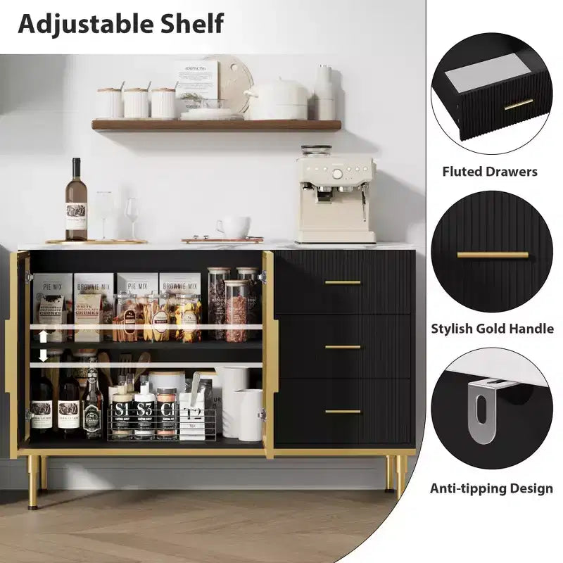 GustoWave Credenza da Cucina Scanalata da 117,8 cm con 2 Ante in Vetro, 3 Cassetti e Ripiani, Piano in Finto Marmo, Tavolo Buffet, Nero