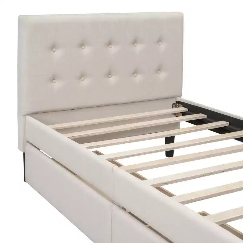 Letto a piattaforma imbottito singolo con 2 cassetti portaoggetti, struttura letto singola in legno per camera da letto