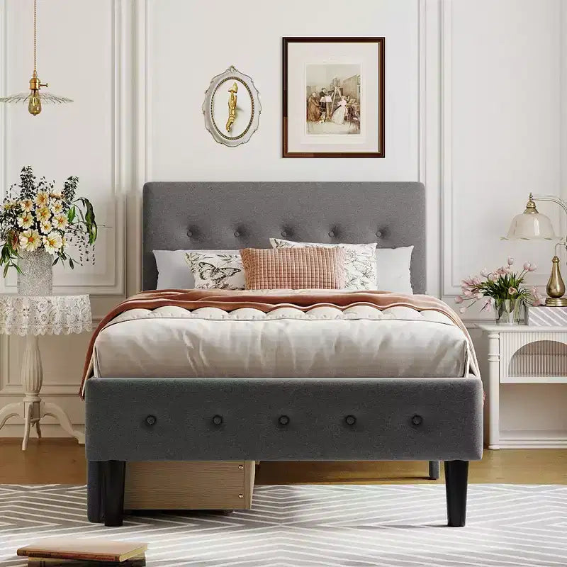 Letto a piattaforma imbottito singolo con 2 cassetti portaoggetti, struttura letto singola in legno per camera da letto
