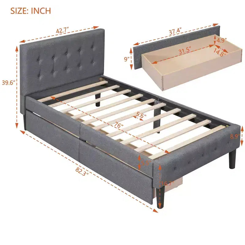 Letto a piattaforma imbottito singolo con 2 cassetti portaoggetti, struttura letto singola in legno per camera da letto