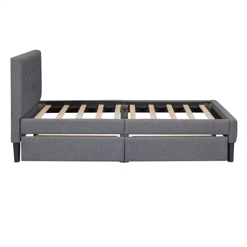 Letto a piattaforma imbottito singolo con 2 cassetti portaoggetti, struttura letto singola in legno per camera da letto
