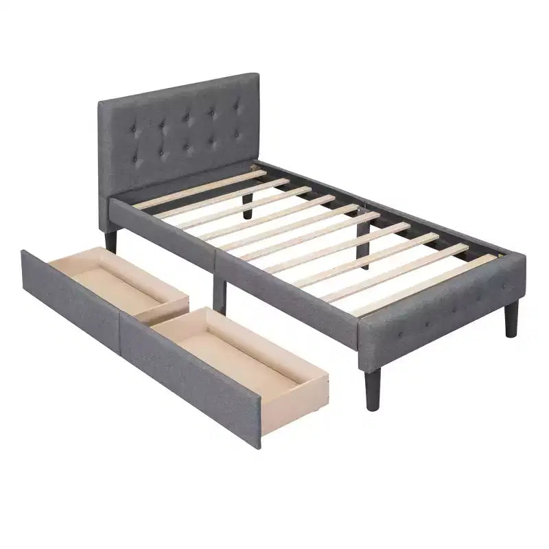 Letto a piattaforma imbottito singolo con 2 cassetti portaoggetti, struttura letto singola in legno per camera da letto