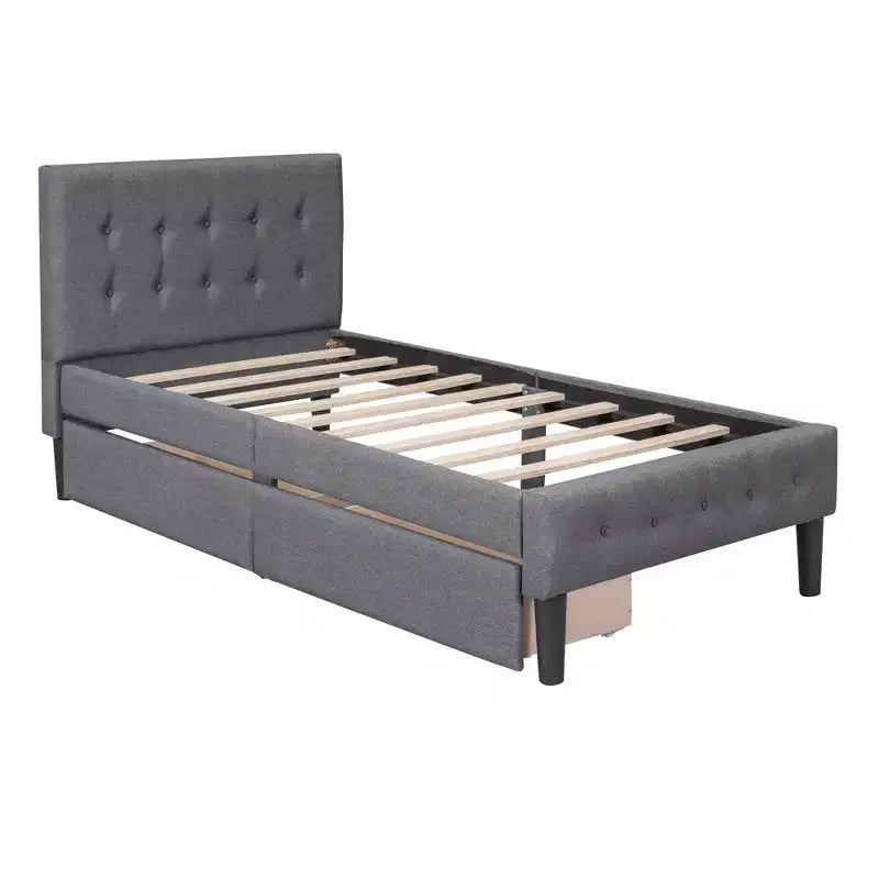 Letto a piattaforma imbottito singolo con 2 cassetti portaoggetti, struttura letto singola in legno per camera da letto