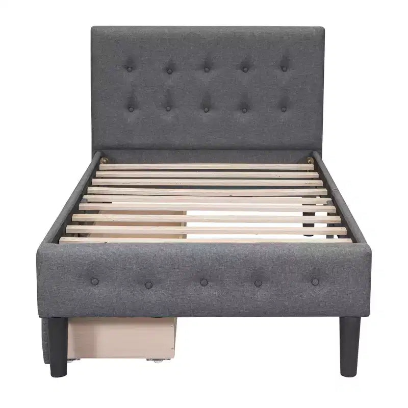 Letto a piattaforma imbottito singolo con 2 cassetti portaoggetti, struttura letto singola in legno per camera da letto
