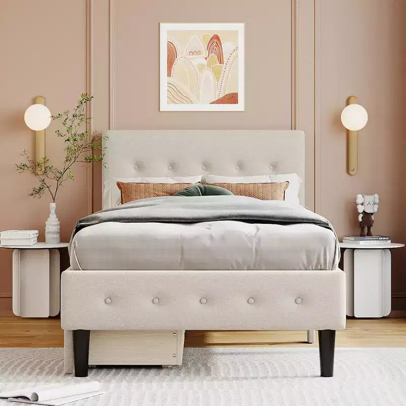 Letto a piattaforma imbottito singolo con 2 cassetti portaoggetti, struttura letto singola in legno per camera da letto