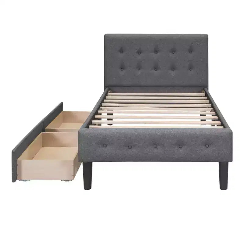 Letto a piattaforma imbottito singolo con 2 cassetti portaoggetti, struttura letto singola in legno per camera da letto