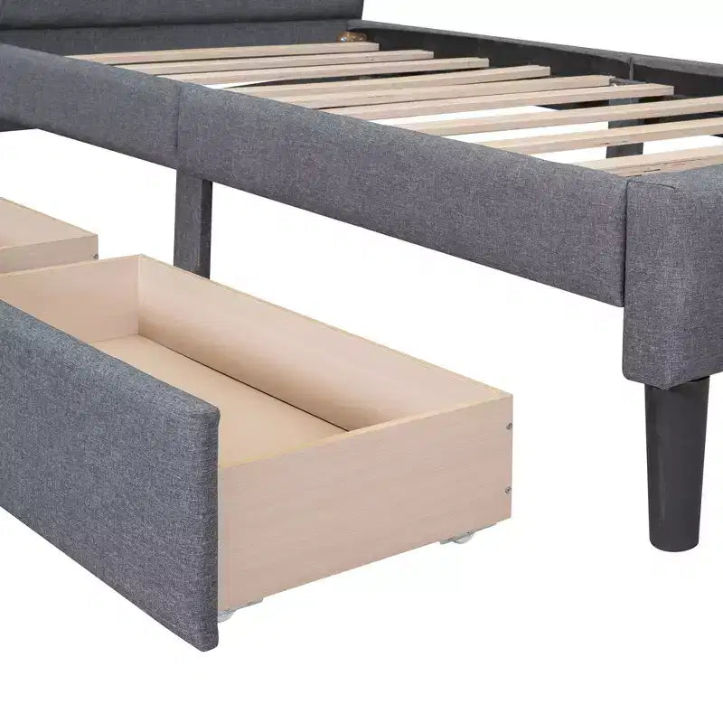 Letto a piattaforma imbottito singolo con 2 cassetti portaoggetti, struttura letto singola in legno per camera da letto