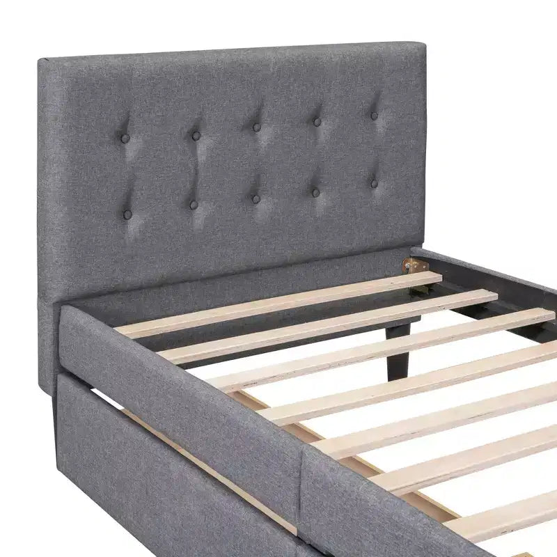 Letto a piattaforma imbottito singolo con 2 cassetti portaoggetti, struttura letto singola in legno per camera da letto