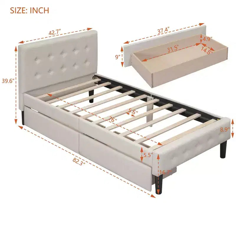 Letto a piattaforma imbottito singolo con 2 cassetti portaoggetti, struttura letto singola in legno per camera da letto
