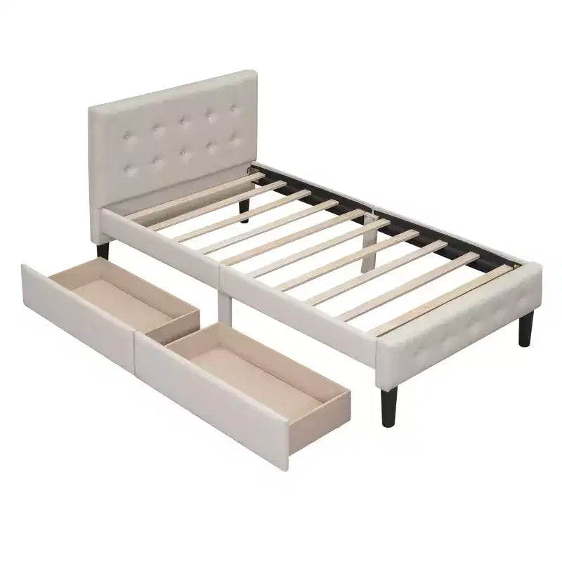 Letto a piattaforma imbottito singolo con 2 cassetti portaoggetti, struttura letto singola in legno per camera da letto