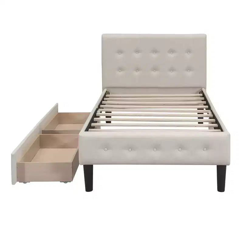 Letto a piattaforma imbottito singolo con 2 cassetti portaoggetti, struttura letto singola in legno per camera da letto