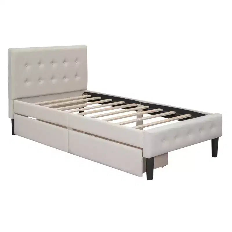 Letto a piattaforma imbottito singolo con 2 cassetti portaoggetti, struttura letto singola in legno per camera da letto
