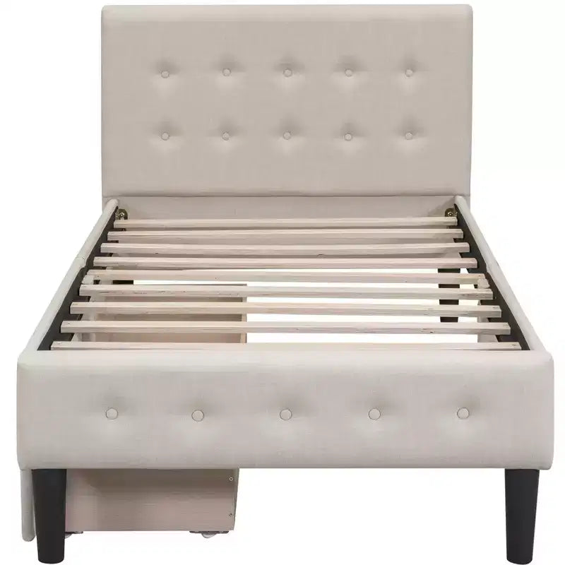 Letto a piattaforma imbottito singolo con 2 cassetti portaoggetti, struttura letto singola in legno per camera da letto