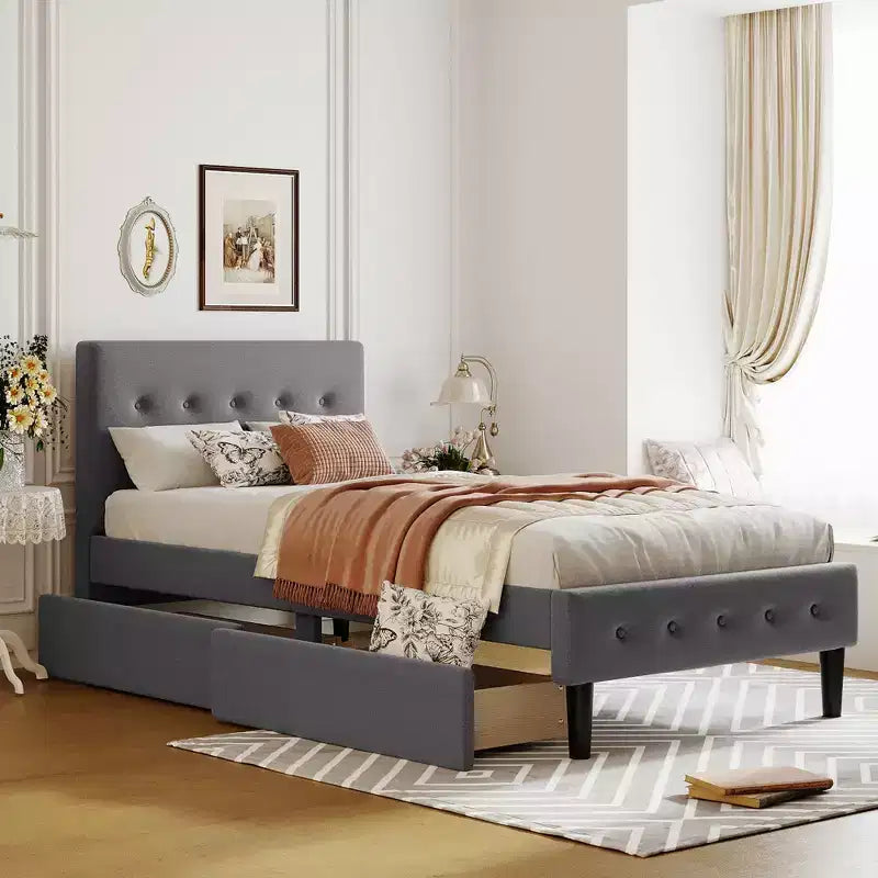 Letto a piattaforma imbottito singolo con 2 cassetti portaoggetti, struttura letto singola in legno per camera da letto
