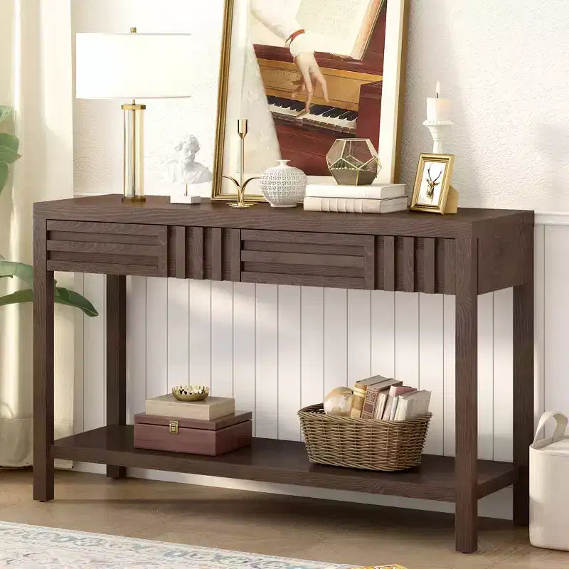 Consolle in legno con contenitore, tavolo d'ingresso moderno con design a righe per soggiorno e studio