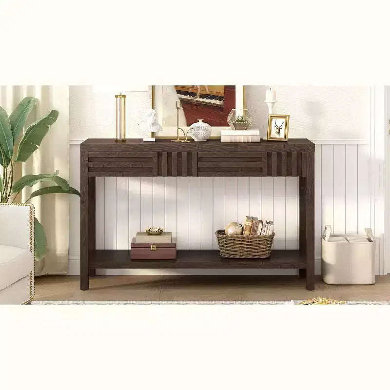 Consolle in legno con contenitore, tavolo d'ingresso moderno con design a righe per soggiorno e studio