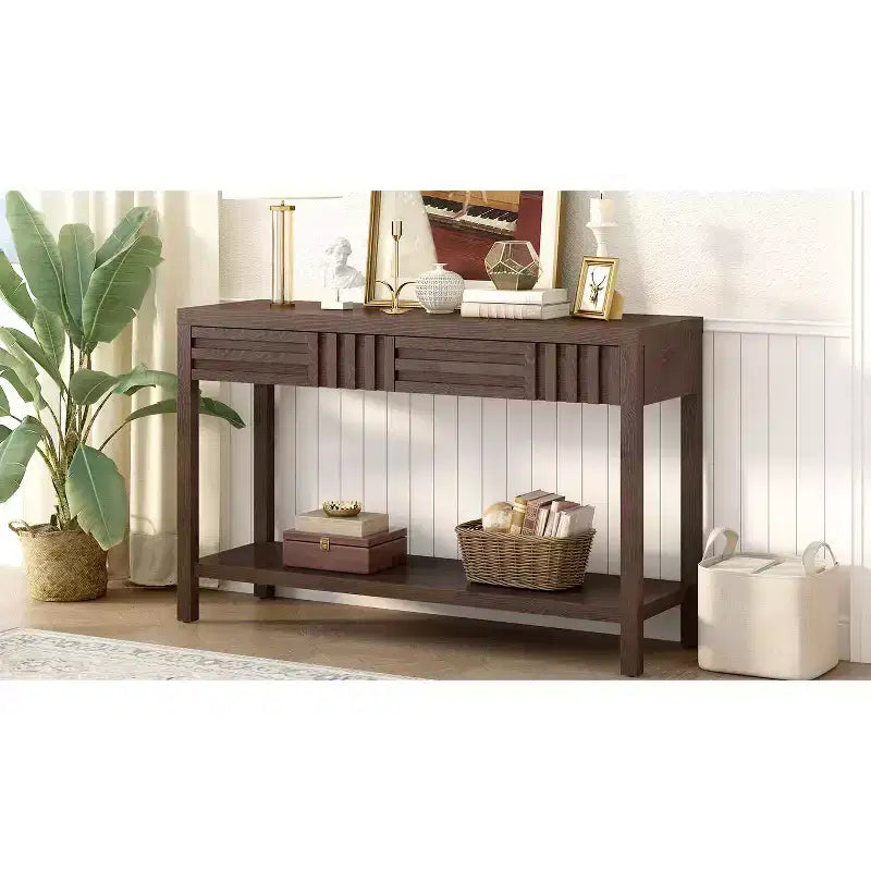 Consolle in legno con contenitore, tavolo d'ingresso moderno con design a righe per soggiorno e studio
