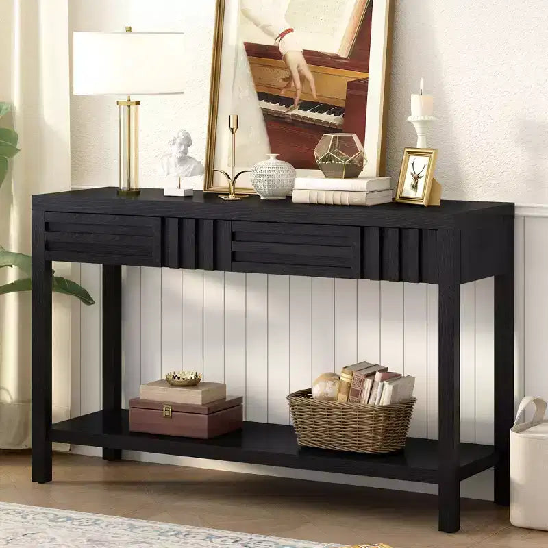 Consolle in legno con contenitore, tavolo d'ingresso moderno con design a righe per soggiorno e studio