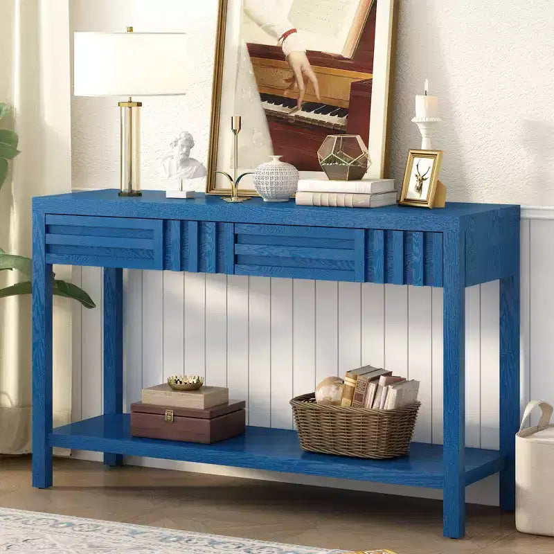 Consolle in legno con contenitore, tavolo d'ingresso moderno con design a righe per soggiorno e studio