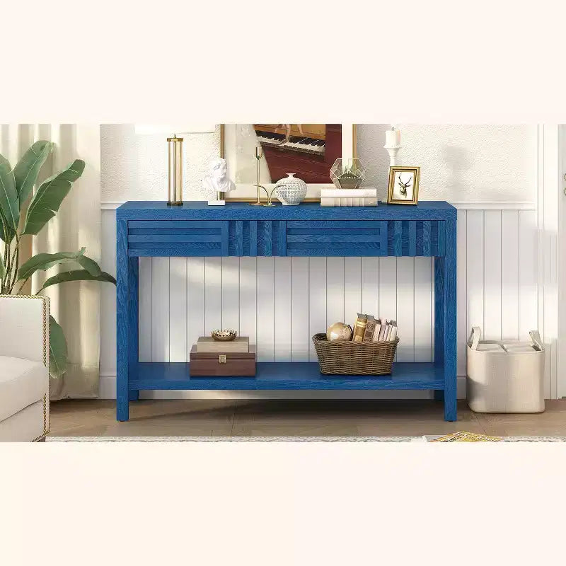 Consolle in legno con contenitore, tavolo d'ingresso moderno con design a righe per soggiorno e studio