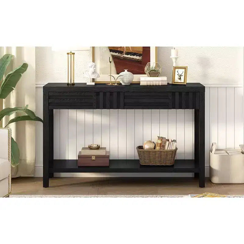 Consolle in legno con contenitore, tavolo d'ingresso moderno con design a righe per soggiorno e studio