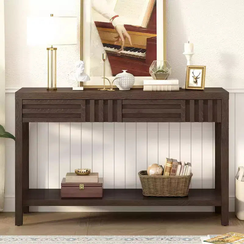 Consolle in legno con contenitore, tavolo d'ingresso moderno con design a righe per soggiorno e studio