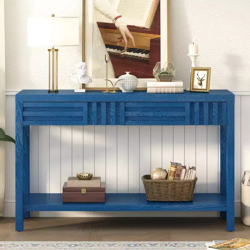 Consolle in legno con contenitore, tavolo d'ingresso moderno con design a righe per soggiorno e studio