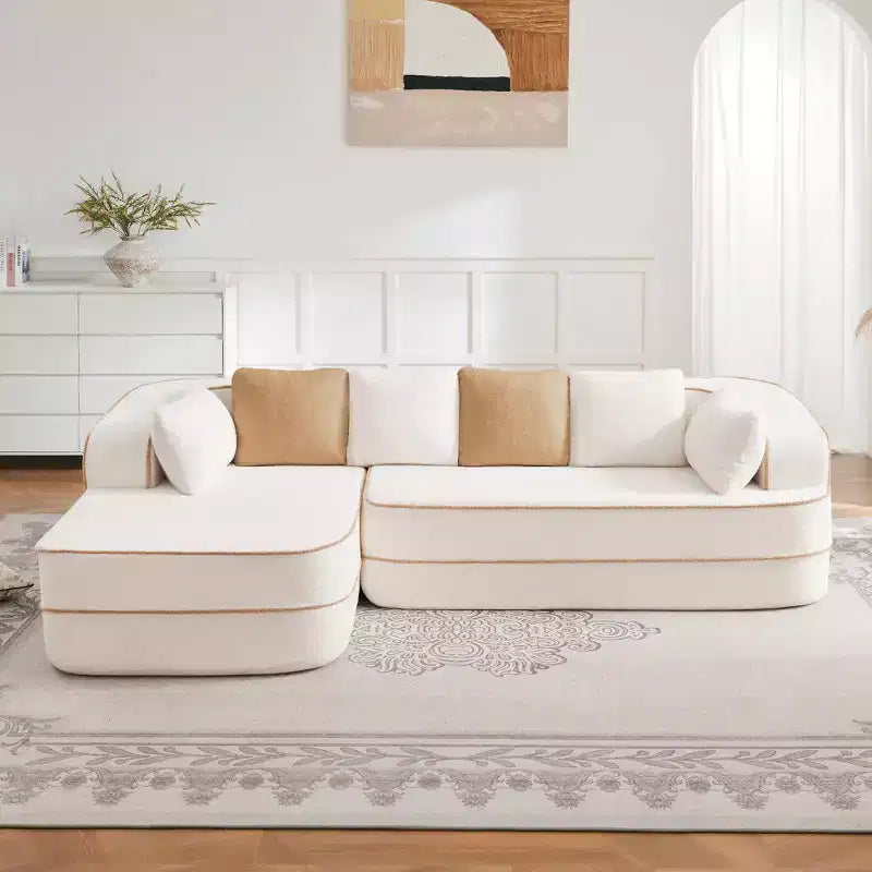 106 Divano Senza Struttura in Tessuto Teddy, Spugna ad Alta Densità 32D, Soffice e Comodo con Chaise Longue a L per Soggiorno