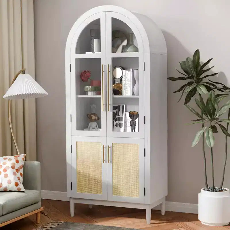 MAYEERTY 71 Armadio alto ad arco con ante in vetro e gambe in legno massello, Bianco