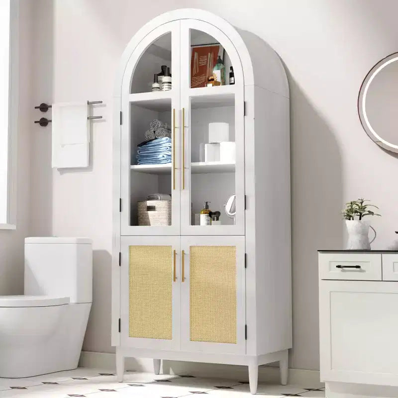 MAYEERTY 71 Armadio alto ad arco con ante in vetro e gambe in legno massello, Bianco