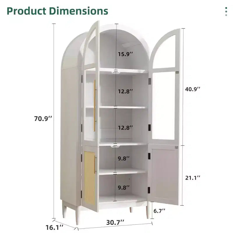 MAYEERTY 71 Armadio alto ad arco con ante in vetro e gambe in legno massello, Bianco