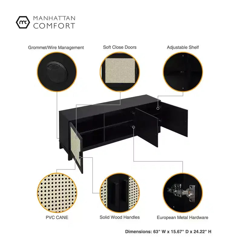 GDFStudio Stefan 63 Mobile TV Moderno in Rattan e Legno con 3 Ante a Chiusura Ammortizzata
