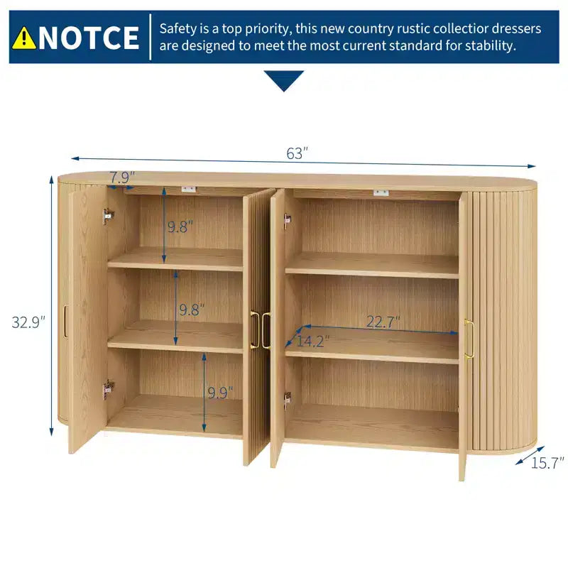 Credenza con accenti scanalati e ripiani regolabili, Mobile credenza con vano contenitore, per soggiorno e cucina