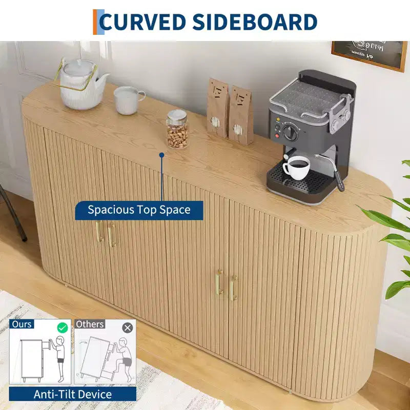 Credenza con accenti scanalati e ripiani regolabili, Mobile credenza con vano contenitore, per soggiorno e cucina