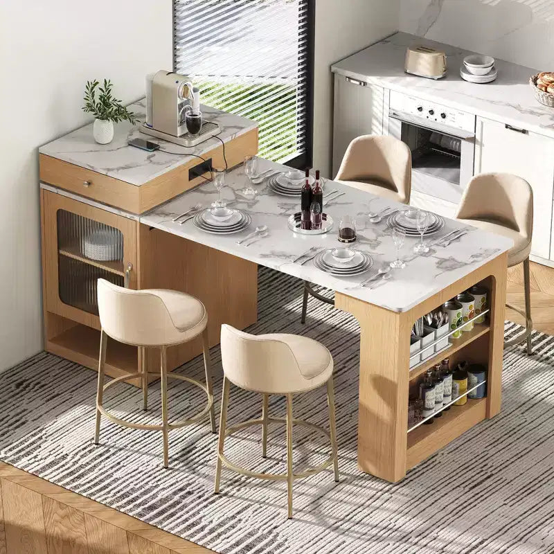 Okak Isola Cucina con Tavolo Allungabile, Tavolo Isola Cucina con Contenitore a Doppio Lato e Presa di Corrente, Carrello da Cucina per Sala da Pranzo