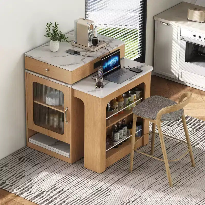 Okak Isola Cucina con Tavolo Allungabile, Tavolo Isola Cucina con Contenitore a Doppio Lato e Presa di Corrente, Carrello da Cucina per Sala da Pranzo