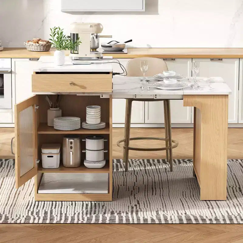 Okak Isola Cucina con Tavolo Allungabile, Tavolo Isola Cucina con Contenitore a Doppio Lato e Presa di Corrente, Carrello da Cucina per Sala da Pranzo