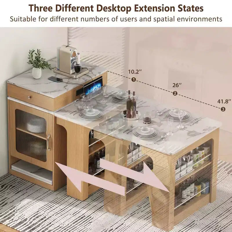 Okak Isola Cucina con Tavolo Allungabile, Tavolo Isola Cucina con Contenitore a Doppio Lato e Presa di Corrente, Carrello da Cucina per Sala da Pranzo