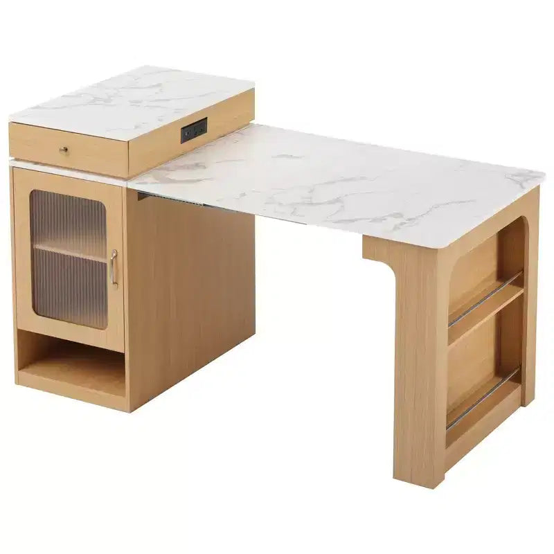 Okak Isola Cucina con Tavolo Allungabile, Tavolo Isola Cucina con Contenitore a Doppio Lato e Presa di Corrente, Carrello da Cucina per Sala da Pranzo