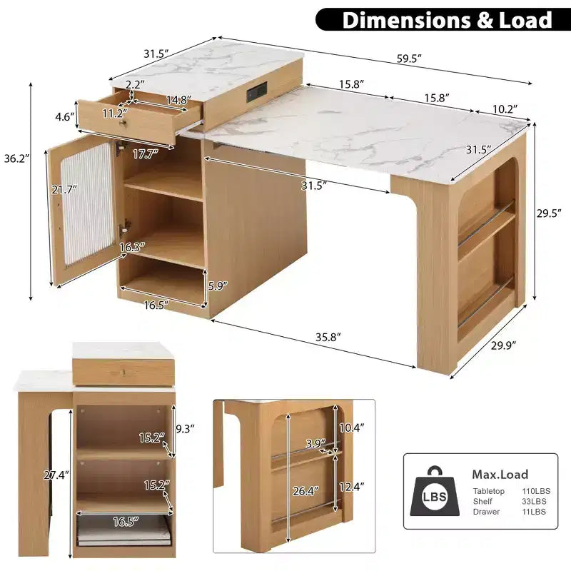Okak Isola Cucina con Tavolo Allungabile, Tavolo Isola Cucina con Contenitore a Doppio Lato e Presa di Corrente, Carrello da Cucina per Sala da Pranzo