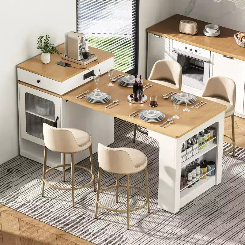 Okak Isola Cucina con Tavolo Allungabile, Tavolo Isola Cucina con Contenitore a Doppio Lato e Presa di Corrente, Carrello da Cucina per Sala da Pranzo