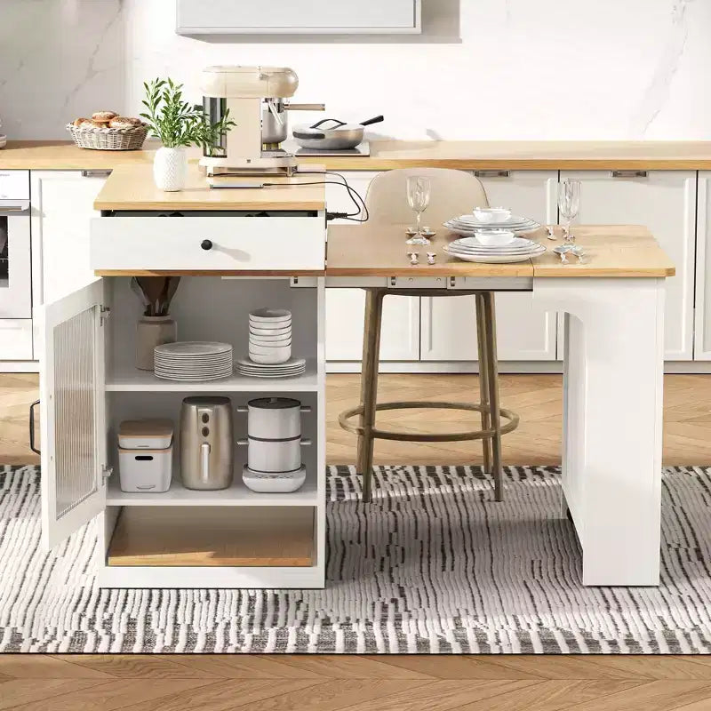 Okak Isola Cucina con Tavolo Allungabile, Tavolo Isola Cucina con Contenitore a Doppio Lato e Presa di Corrente, Carrello da Cucina per Sala da Pranzo